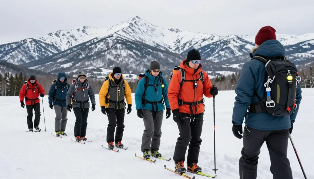 Diverse winter backcountry group with avalanche safety equipment in snow