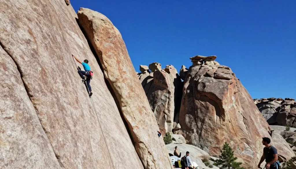 Dramatic granite rock formations at City of Rocks with diverse climbers