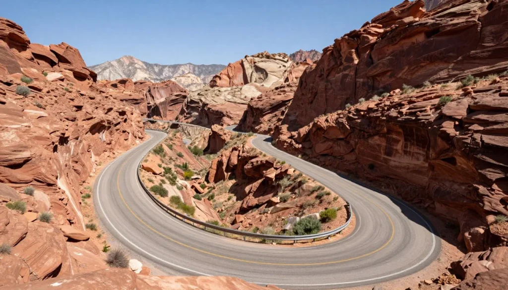 Dramatic mountain highway with hairpin turns carved into red cliff face Dramatic mountain highway with hairpin turns carved into red cliff face
