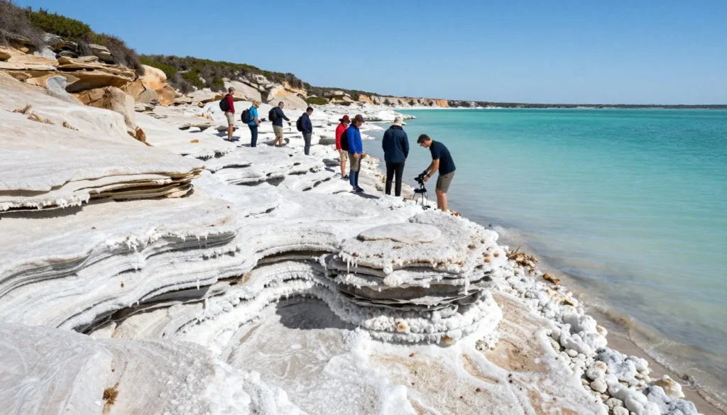 Dramatic rocky shoreline of Carrington Island with salt formations Dramatic rocky shoreline of Carrington Island with salt formations