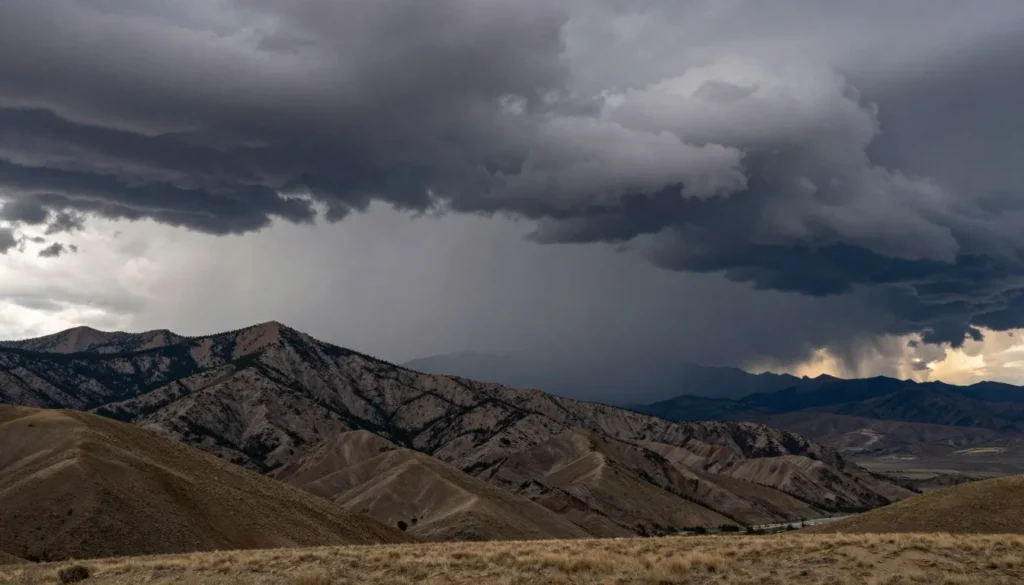Dramatic storm clouds gathering over Great Basin Desert mountain peaks in late afternoon
