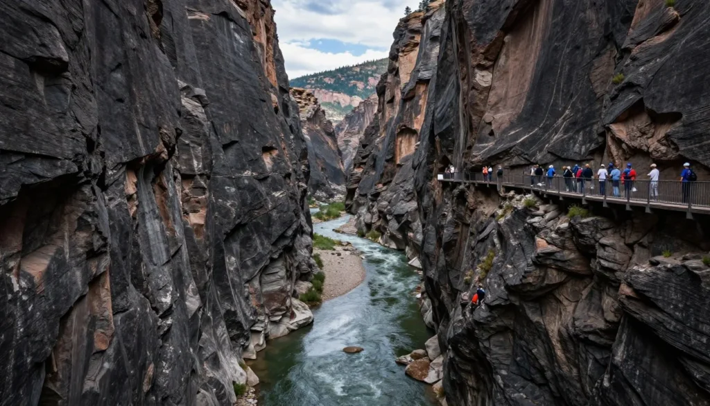 Dramatic view into Black Canyon showing steep dark walls and Gunnison River below Dramatic view into Black Canyon showing steep dark walls and Gunnison River below