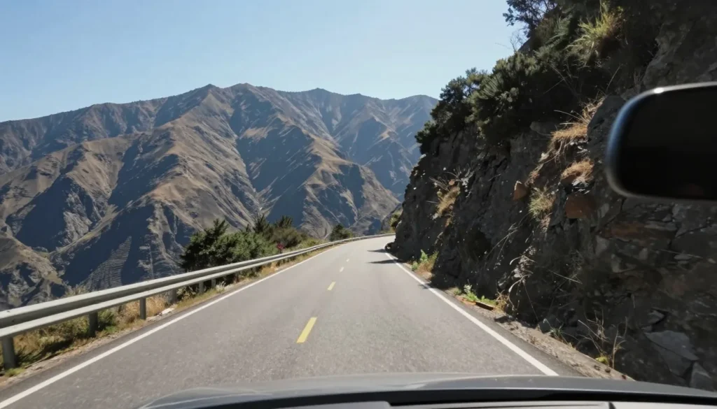 Driver perspective of narrow mountain road with steep cliff and no guardrails Driver perspective of narrow mountain road with steep cliff and no guardrails