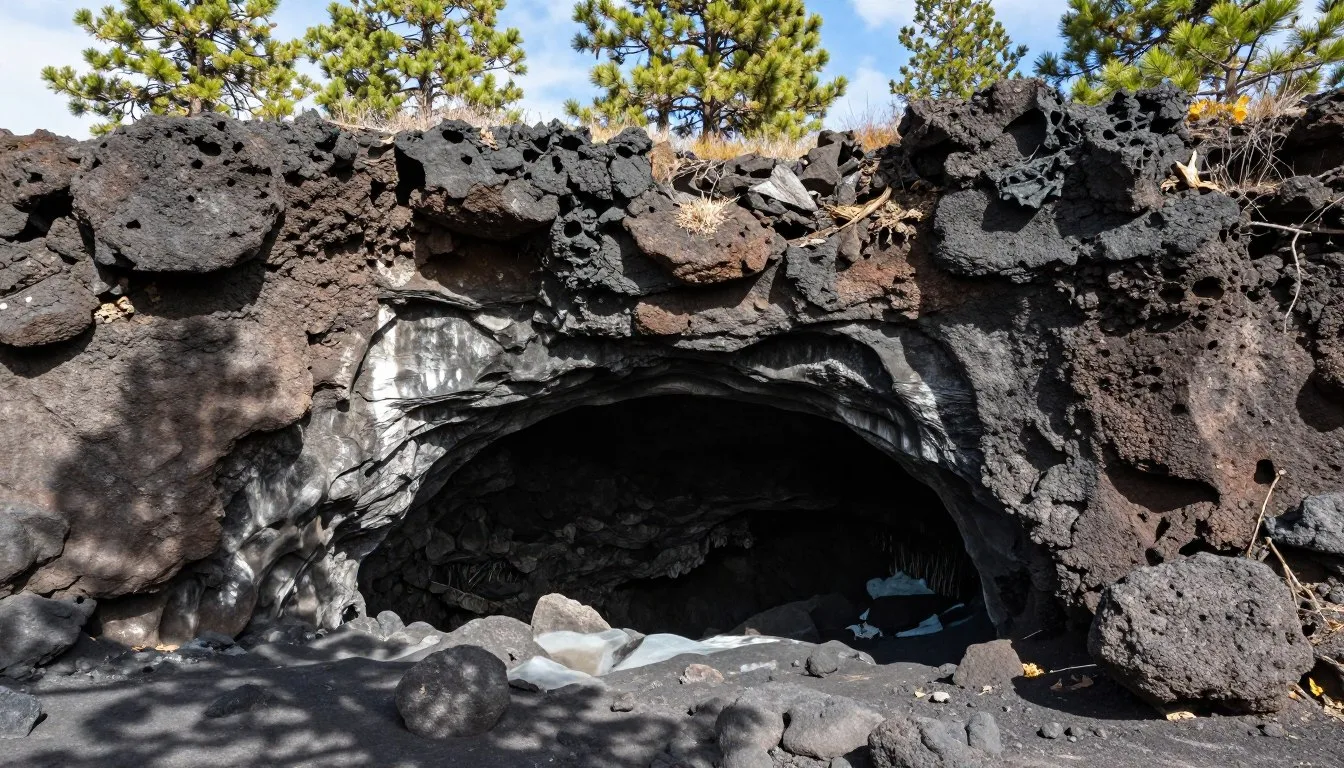 Duck-Creek-Ice-Cave-entrance-surrounded-by-volcanic-rock-formations-and-pine-forest-in-southern Duck Creek Ice Cave entrance surrounded by volcanic rock formations and pine forest in southern Utah