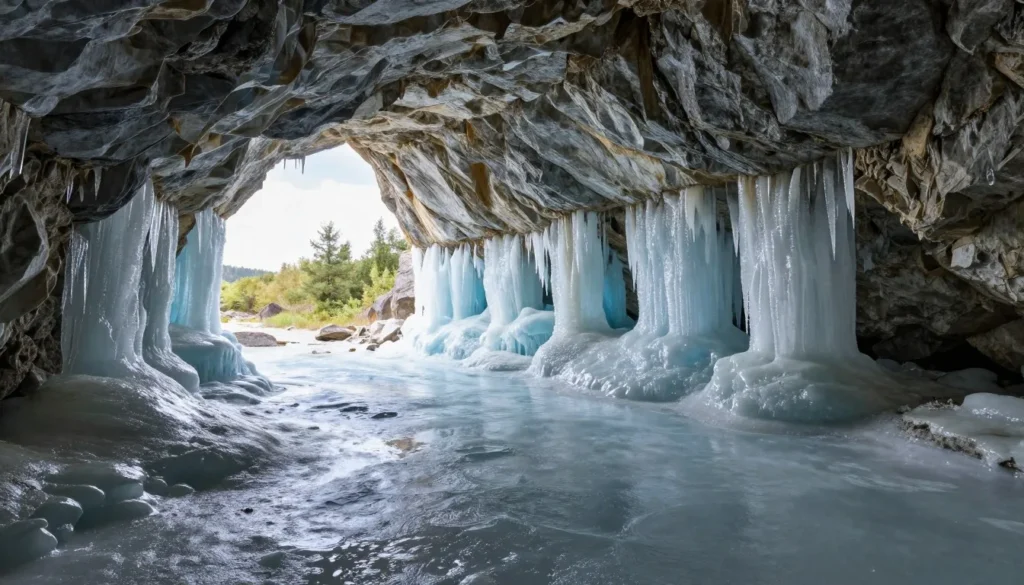 Duck Creek Ice Cave interior showing ice formations on cave floor and walls during summer months Duck Creek Ice Cave interior showing ice formations on cave floor and walls during summer months