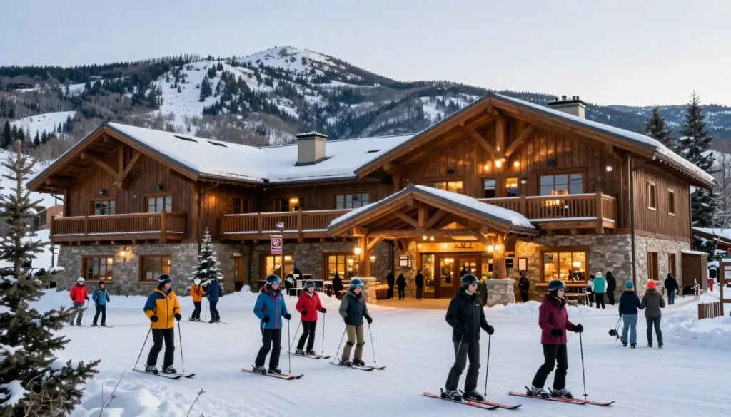 Eagle Point Resort Utah base area with ski lodge and visitors arriving on a sunny winter day Eagle Point Resort Utah base area with ski lodge and visitors arriving on a sunny winter day
