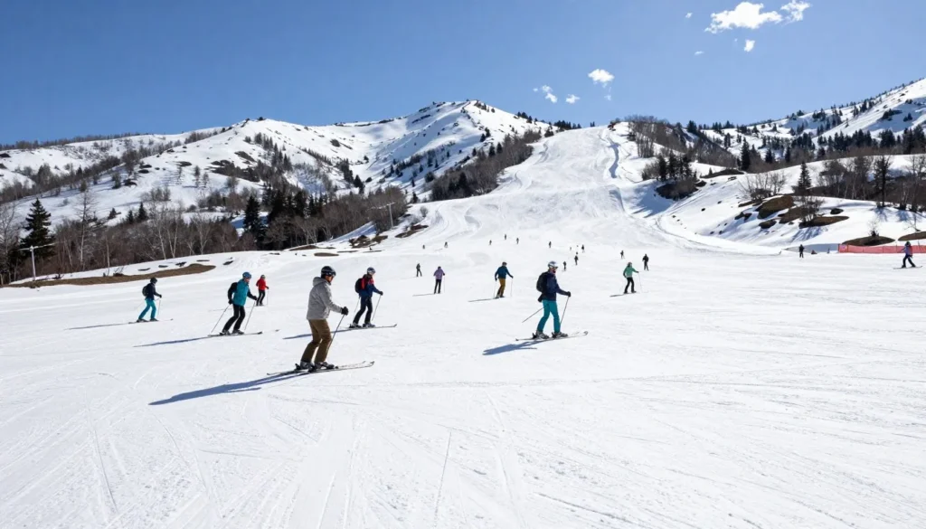 Eagle Point Resort Utah during spring skiing season with sunshine and corn snow conditions Eagle Point Resort Utah during spring skiing season with sunshine and corn snow conditions