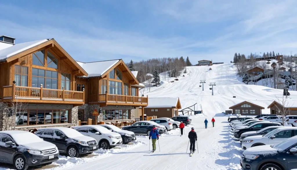 Eagle Point Resort base area showing easy access between parking and ski facilities Eagle Point Resort base area showing easy access between parking and ski facilities