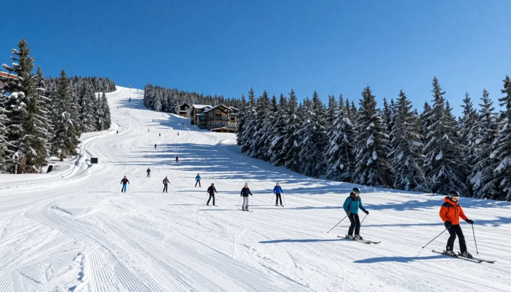 Eagle Point ski slopes during peak season with perfect weather conditions and skiers on fresh powder Eagle Point ski slopes during peak season with perfect weather conditions and skiers on fresh powder