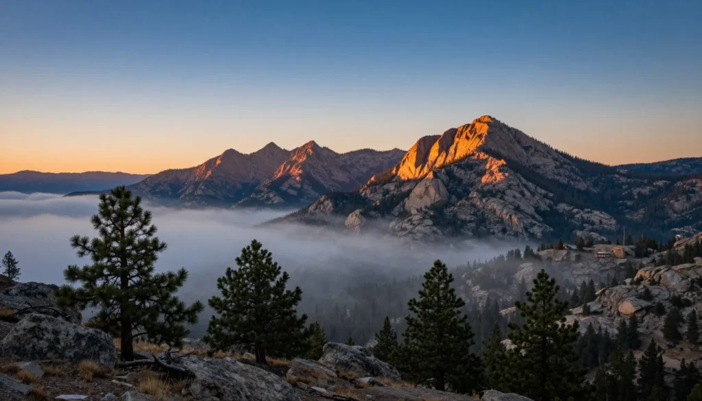 Early morning mountain landscape with mist in valleys and first sunlight hitting peaks Early morning mountain landscape with mist in valleys and first sunlight hitting peaks
