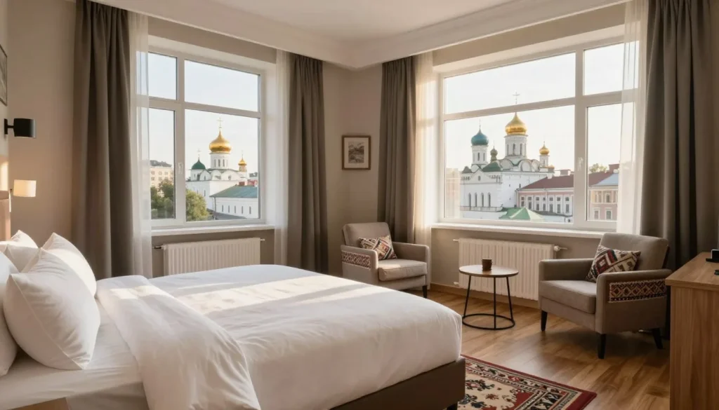 Elegant hotel room interior with views of historic Tver cityscape through large windows