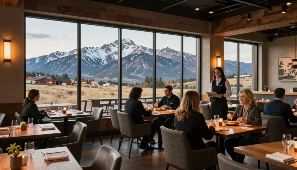 Elegant restaurant interior with mountain views through large windows and guests dining Elegant restaurant interior with mountain views through large windows and guests dining