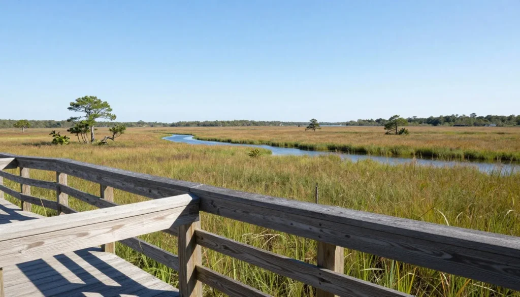 Elevated wooden observation platform overlooking Louisiana wetlands Elevated wooden observation platform overlooking Louisiana wetlands