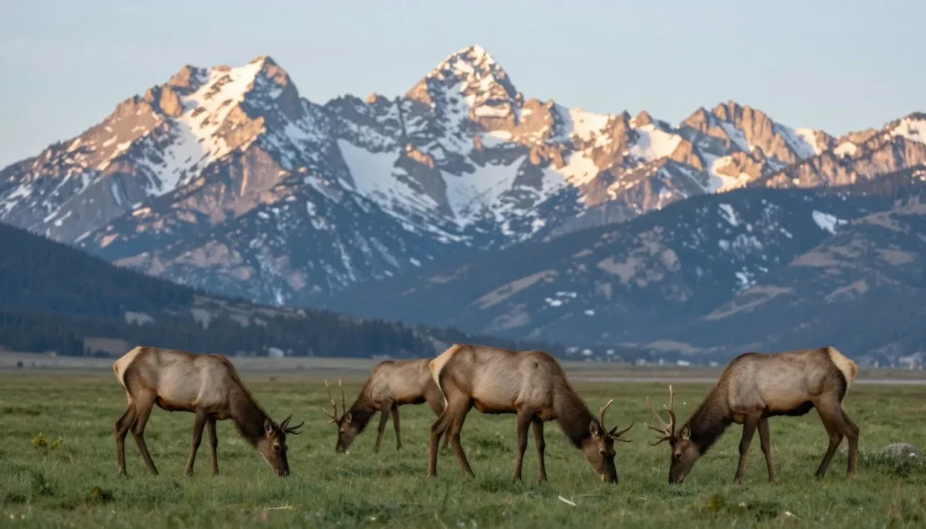 Elk grazing in Never Summer Mountains meadow