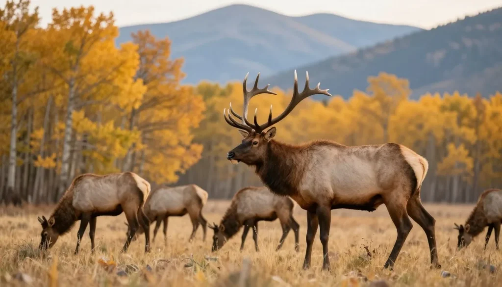 Elk herd grazing in mountain meadow with aspen trees and peaks Elk herd grazing in mountain meadow with aspen trees and peaks