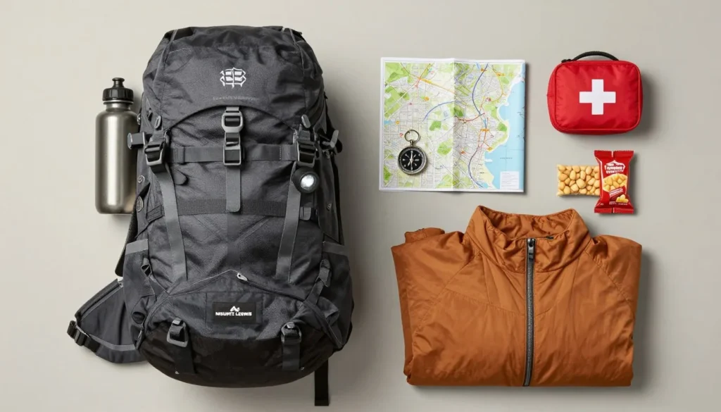 Essential hiking gear laid out for a Mount Lewis adventure Essential hiking gear laid out for a Mount Lewis adventure