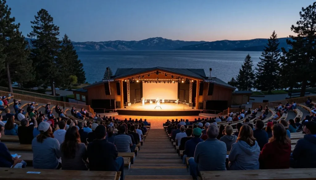 Evening theater performance at outdoor amphitheater with lake backdrop Evening theater performance at outdoor amphitheater with lake backdrop
