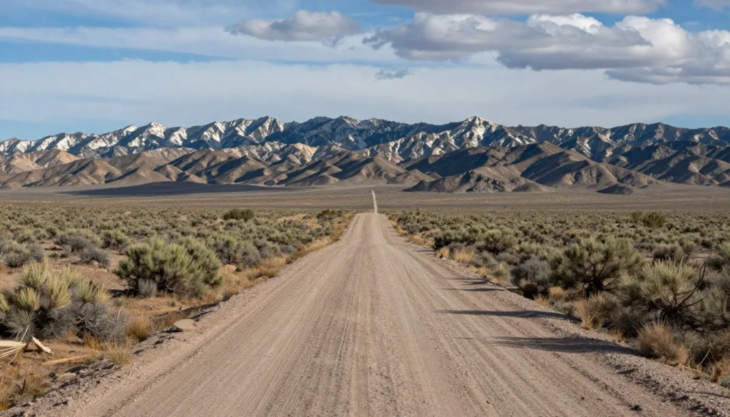 Expansive desert landscape approaching Hamilton Nevada with dirt road winding through sagebrush and White Pine County terrain