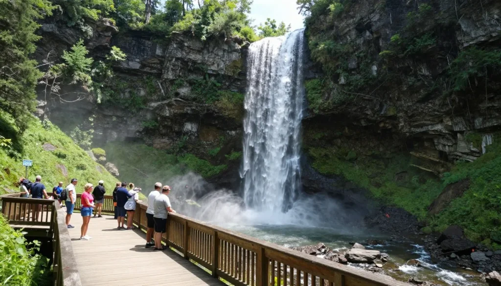 Fall Creek Falls towering waterfall cascading into gorge with observation deck