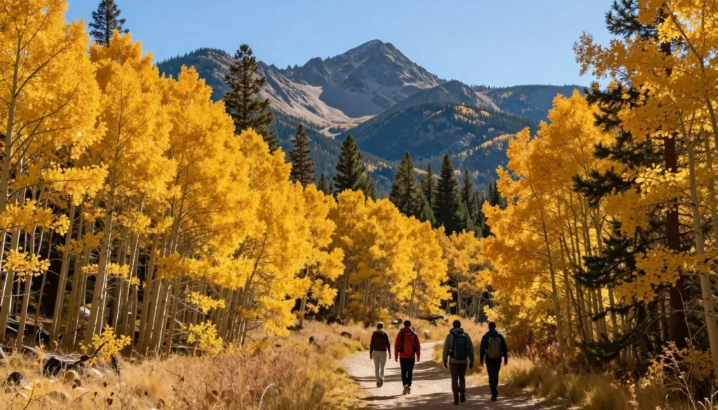 Fall colors in Humboldt-Toiyabe National Forest with golden aspens and mountain backdrop