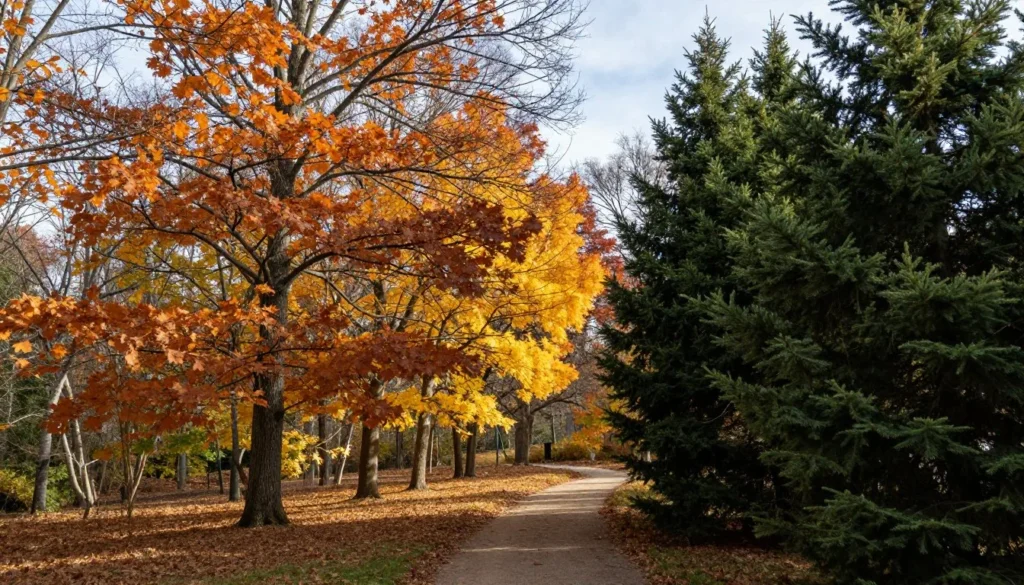 Fall foliage colors among cedar and hardwood trees with hiking trail
