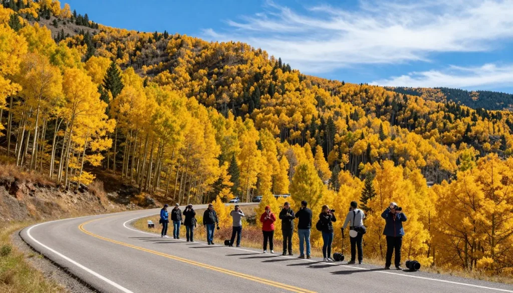 Fall foliage season showing golden aspens along mountain road with mixed race tourists photographing the scenery Fall foliage season showing golden aspens along mountain road with mixed race tourists photographing the scenery