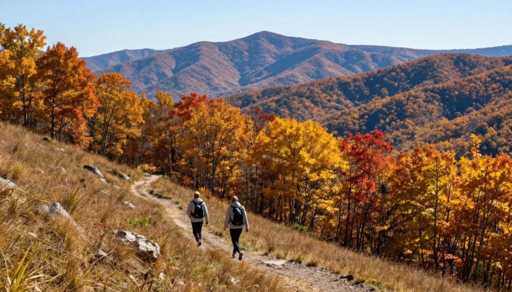 Fall foliage surrounding Andrews Bald trail in autumn