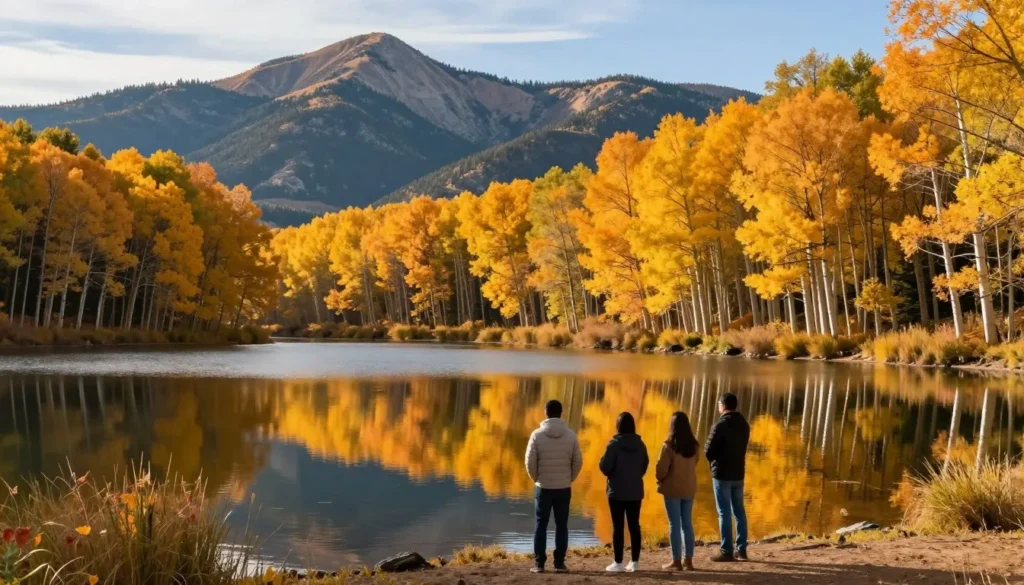 Fall foliage surrounding Fish Lake with golden aspen trees Fall foliage surrounding Fish Lake with golden aspen trees