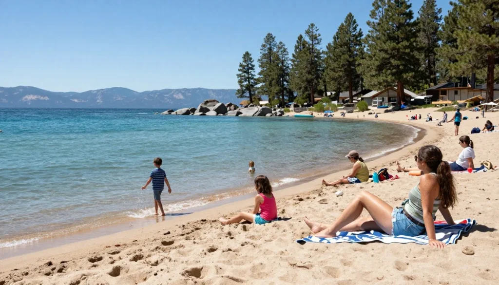 Families enjoying sandy beach at Lake Tahoe Nevada State Park with clear blue water Families enjoying sandy beach at Lake Tahoe Nevada State Park with clear blue water