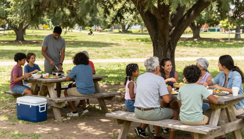 Families preparing food at picnic tables in shaded camping area