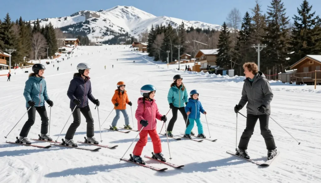Families with children enjoying skiing at Eagle Point Resort on sunny day Families with children enjoying skiing at Eagle Point Resort on sunny day