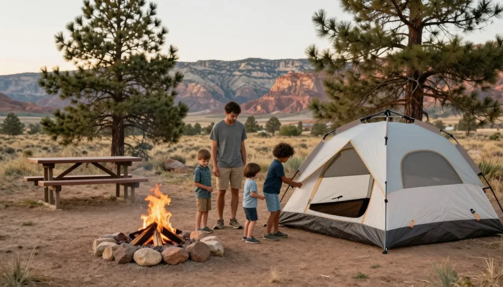 Family camping at Flaming Gorge campground with mountain views