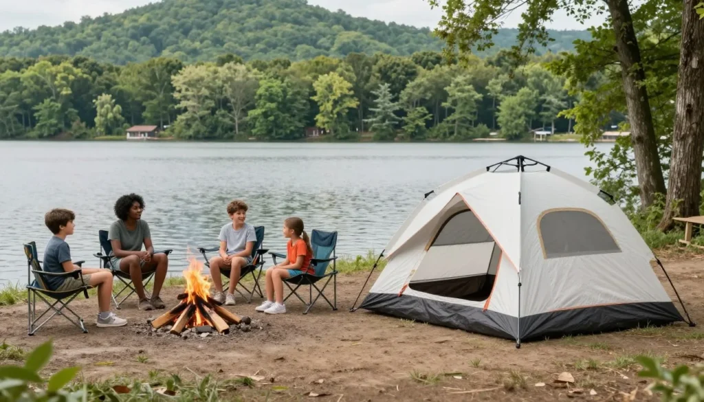 Family camping setup near Boone Lake with tent and campfire