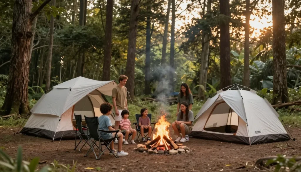 Family camping setup with tent and campfire in Tennessee forest campground