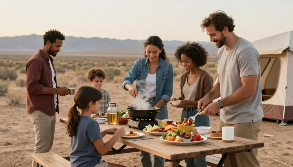 Family cooking meal at campground picnic area Family cooking meal at campground picnic area
