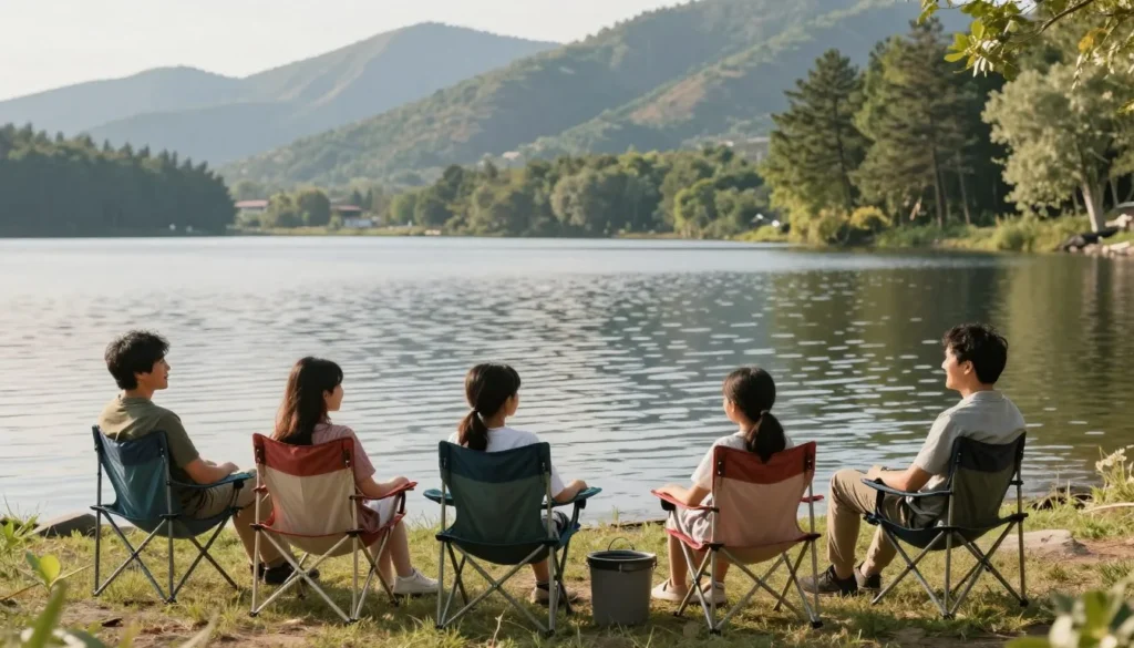 Family enjoying peaceful moment by Pearl Lake shore Family enjoying peaceful moment by Pearl Lake shore