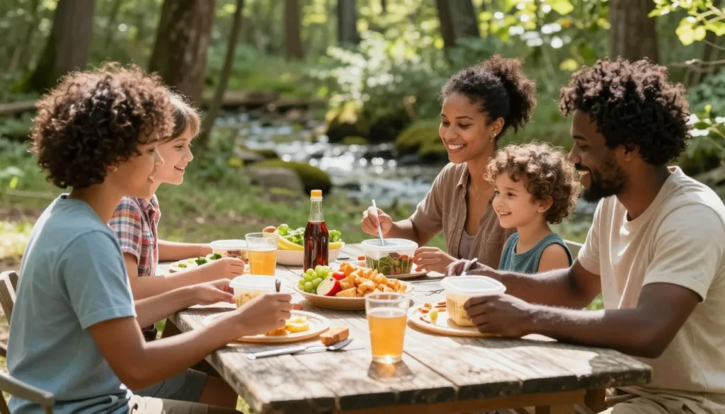 Family enjoying picnic lunch at outdoor table near creek