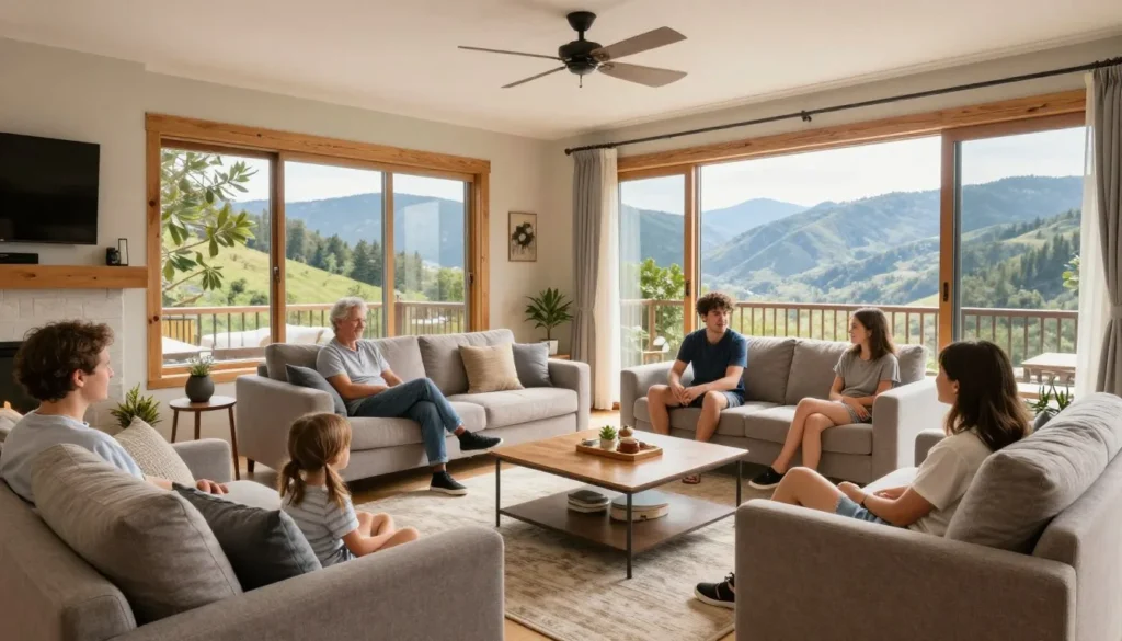 Family enjoying spacious vacation rental living room with mountain views Family enjoying spacious vacation rental living room with mountain views