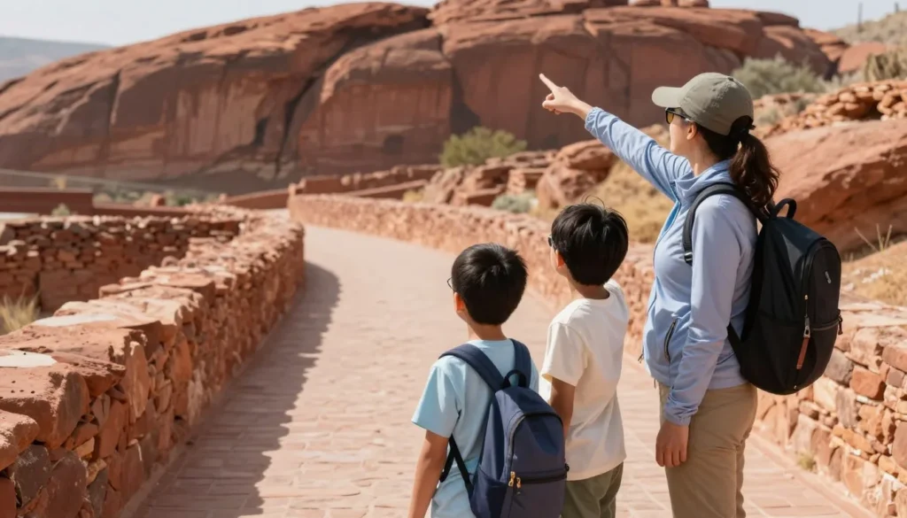 Family exploring ancient ruins with children learning about archaeology