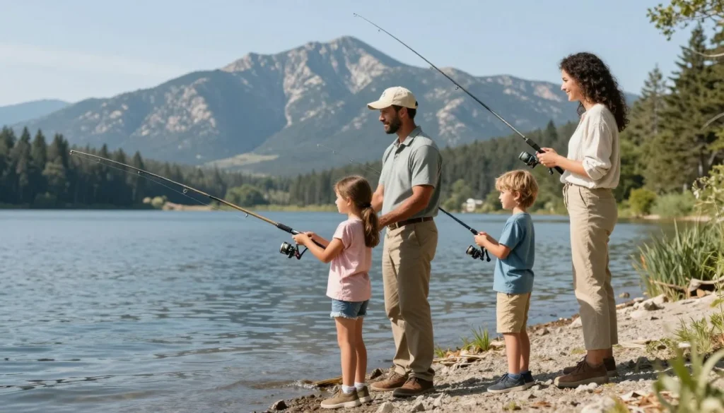 Family fishing together at Spinney Mountain Reservoir shoreline Family fishing together at Spinney Mountain Reservoir shoreline