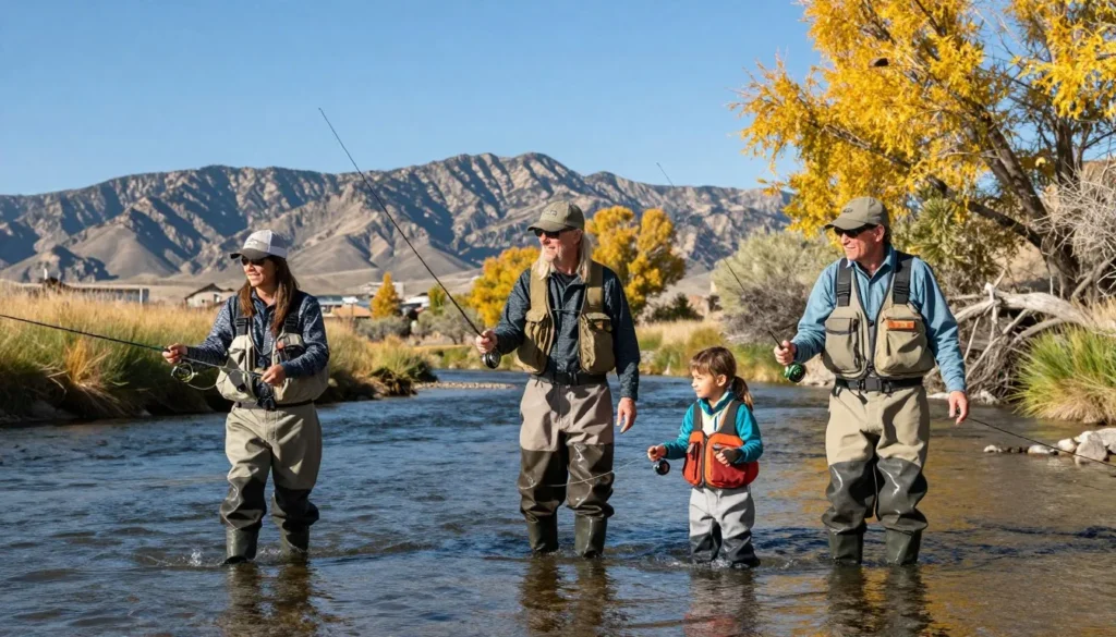 Family fly fishing in Carson River at River Fork Ranch