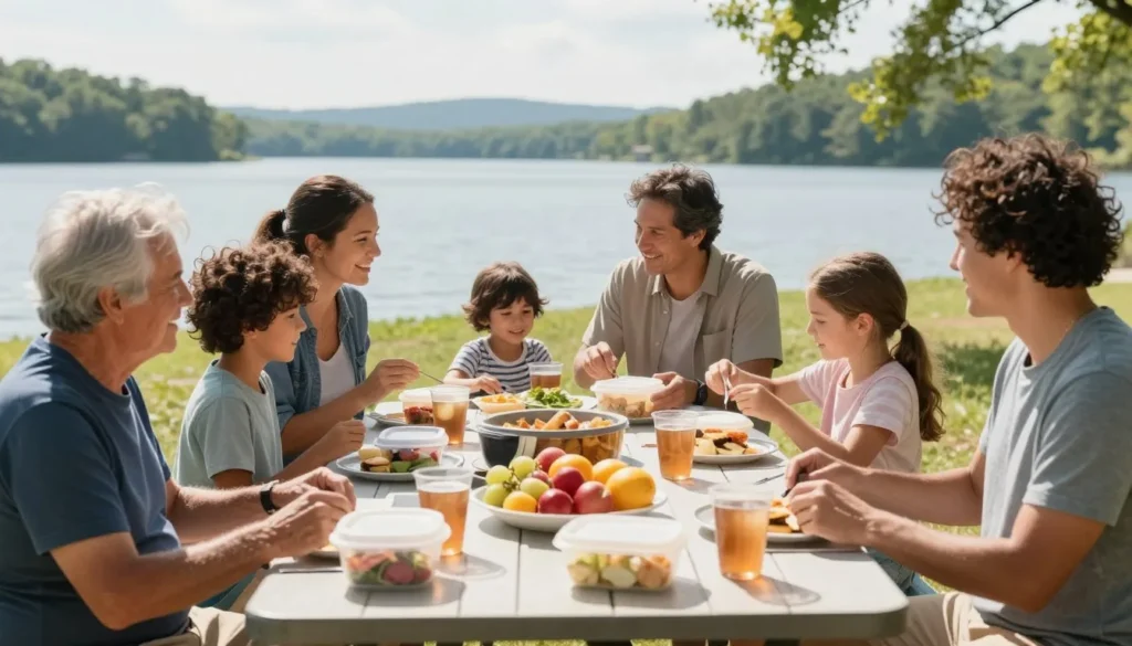 Family having budget-friendly picnic at Boone Lake with homemade food