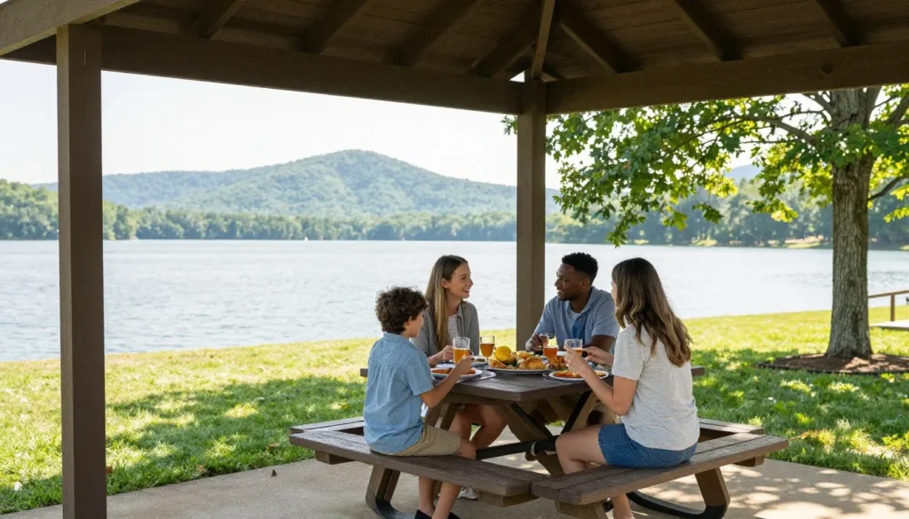 Family having picnic at lakeside pavilion with scenic water views