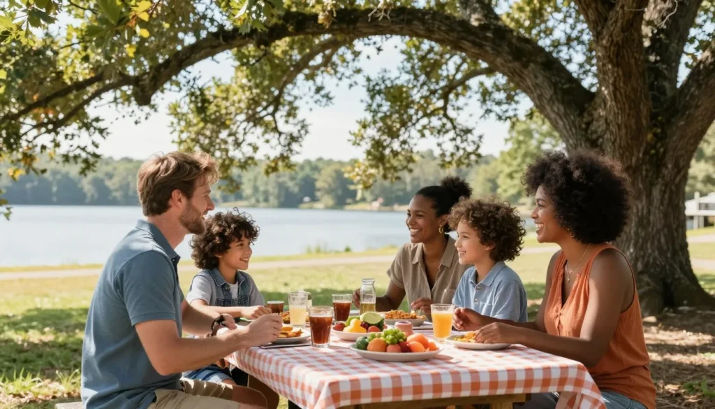Family having picnic at shaded table near Cedar Creek Lake with scenic view