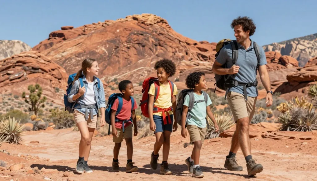 Family hiking group with backpacks enjoying free outdoor recreation at Red Rock Canyon Family hiking group with backpacks enjoying free outdoor recreation at Red Rock Canyon