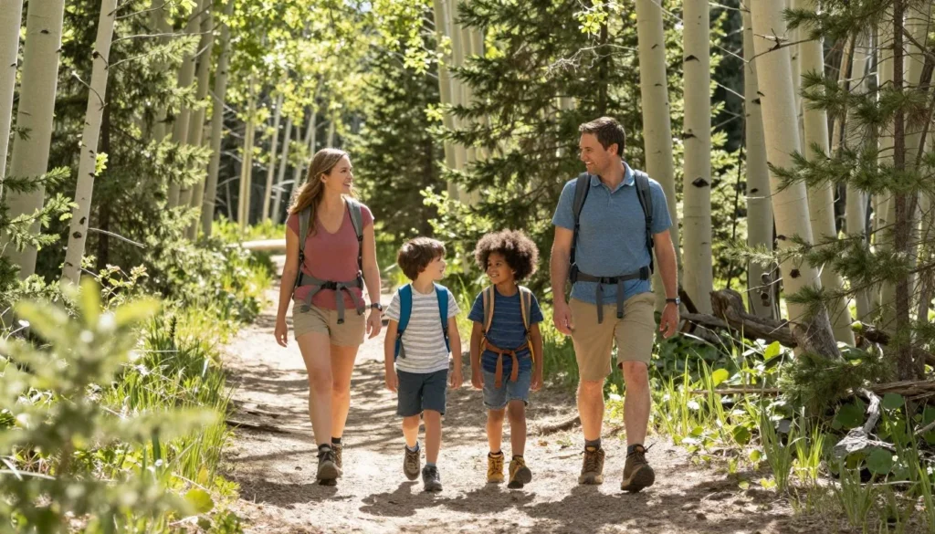 Family hiking on forest trail near Fish Lake Family hiking on forest trail near Fish Lake