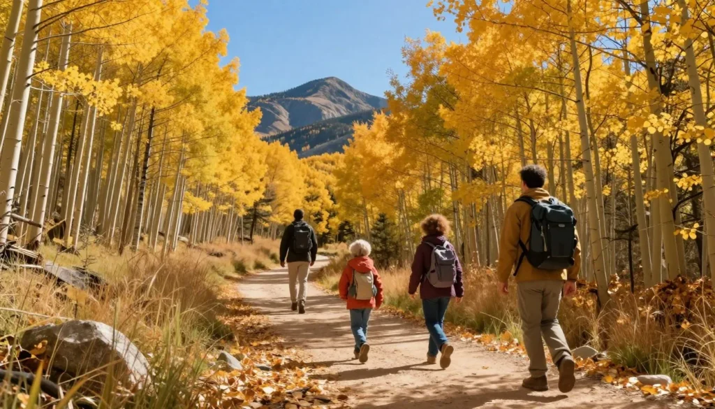 Family hiking on mountain trail through aspen forest with golden autumn colors