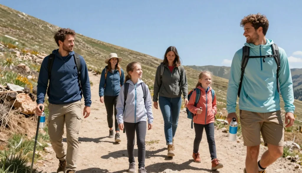 Family hiking safely with proper gear in Colorado mountains