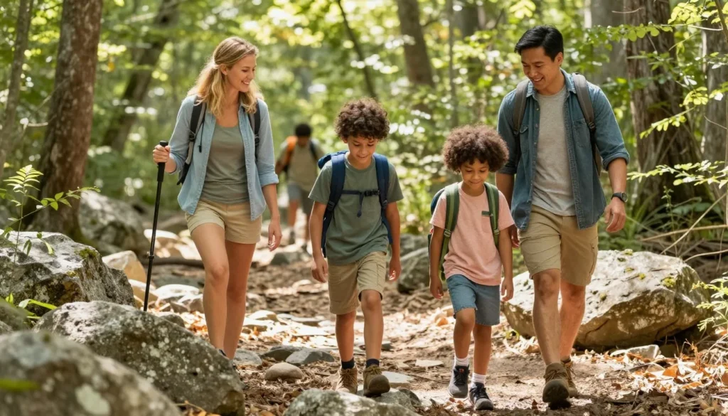 Family hiking together on Carter State Natural Area trail