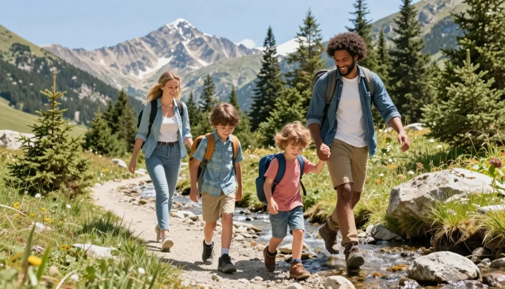 Family hiking together on Sangre de Cristo Mountains trail with children